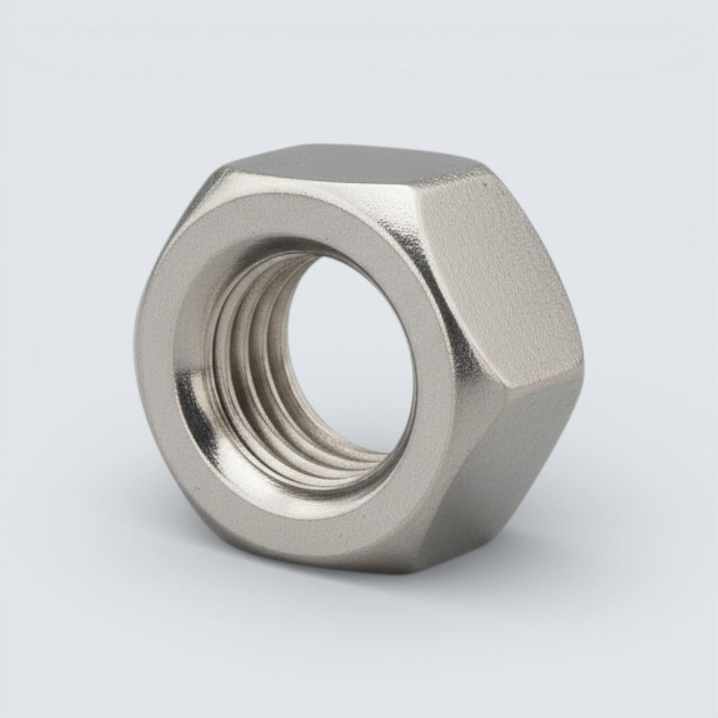 Bild på en sexkantsmutter i rostfritt stål