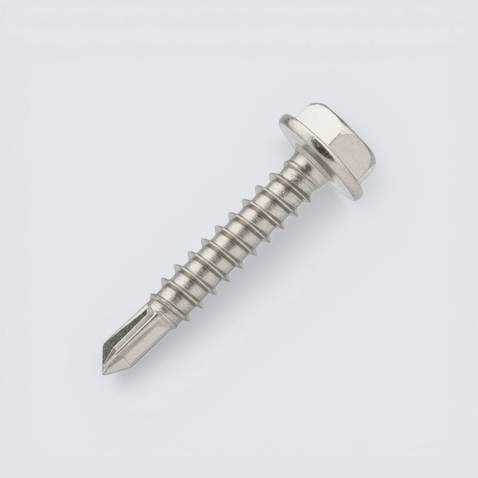 Bild på en plåtskruv i rostfritt stål.