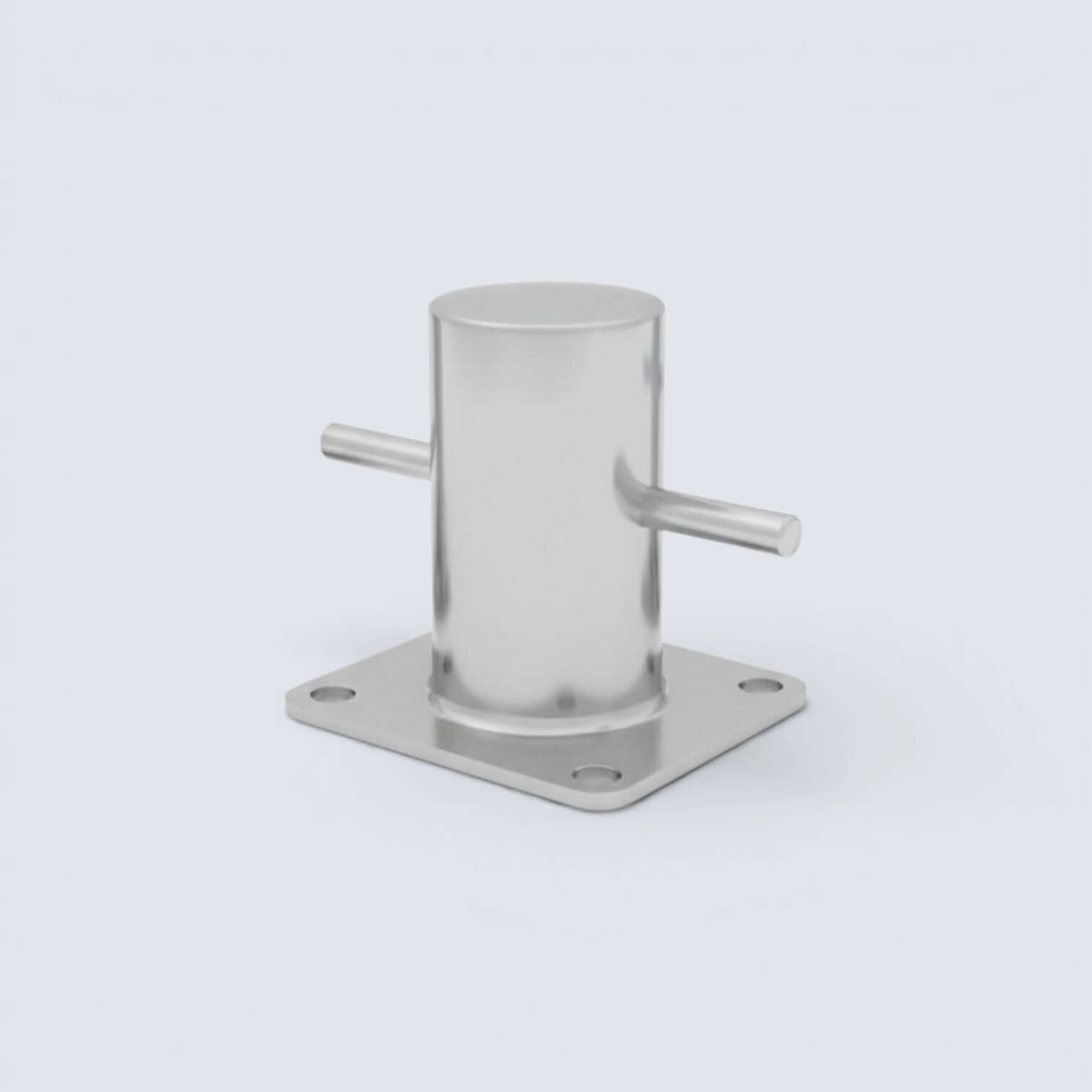 Bild på en pollare i rostfritt stål mot en grå bakgrund.