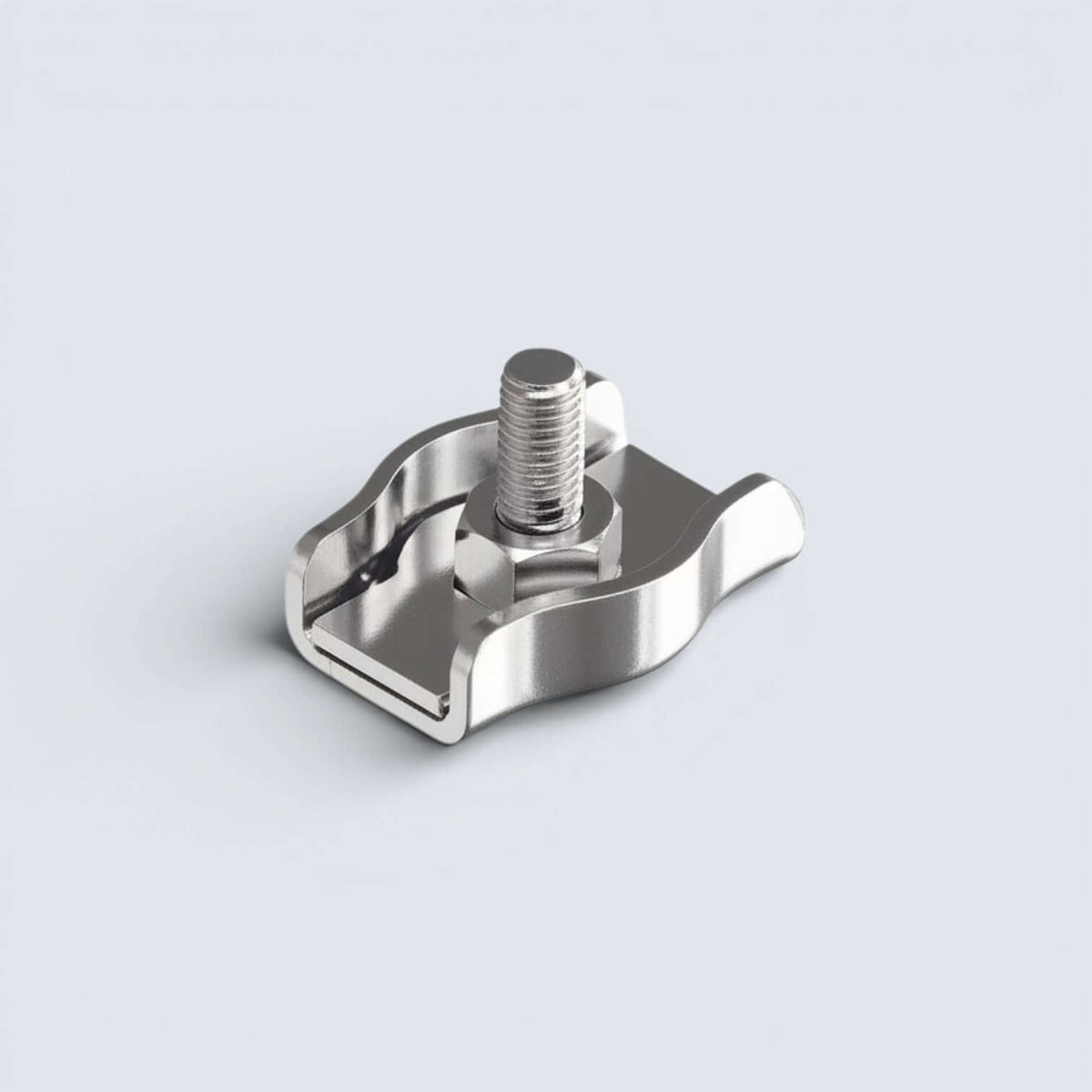 Bild på ett vajerlås i rostfritt stål mot en grå bakgund.