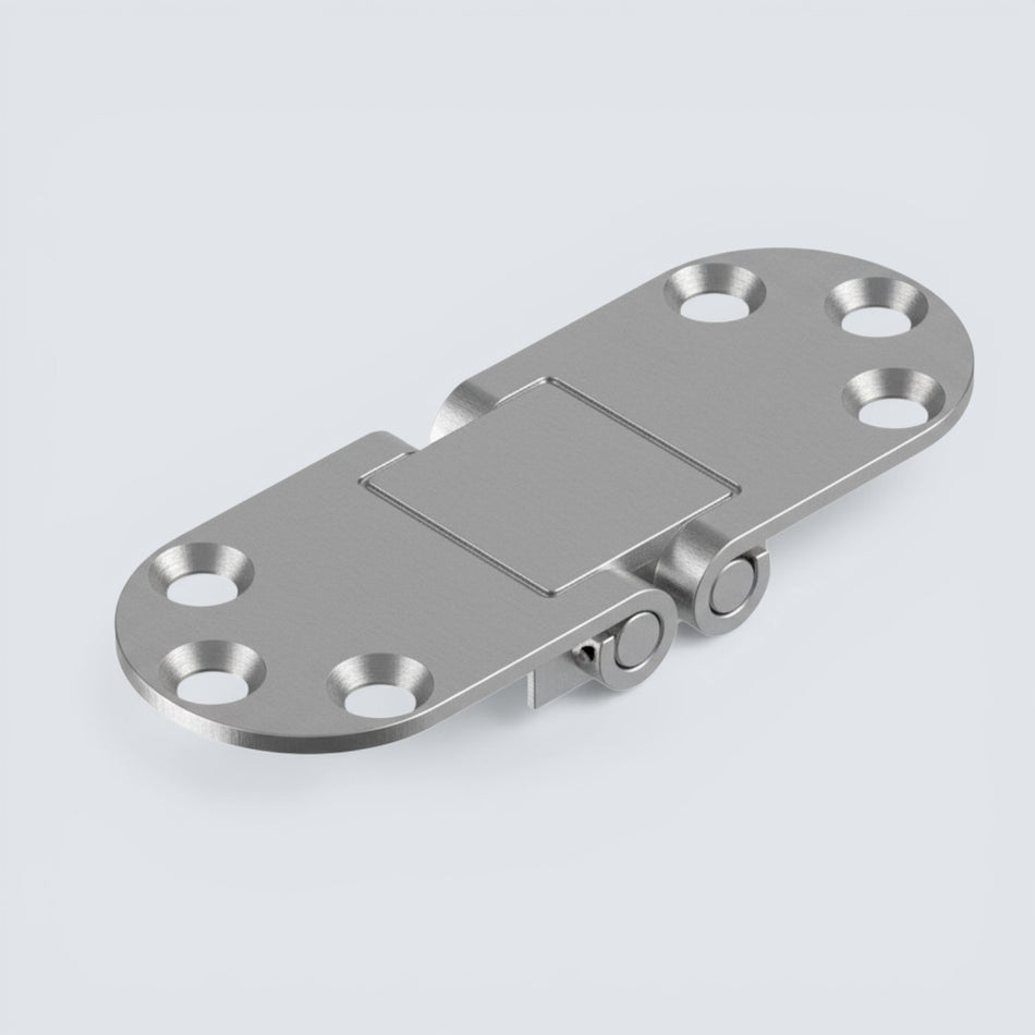 Bild på ett bordsgångjärn i rostfritt stål mor en grå bakgrund.