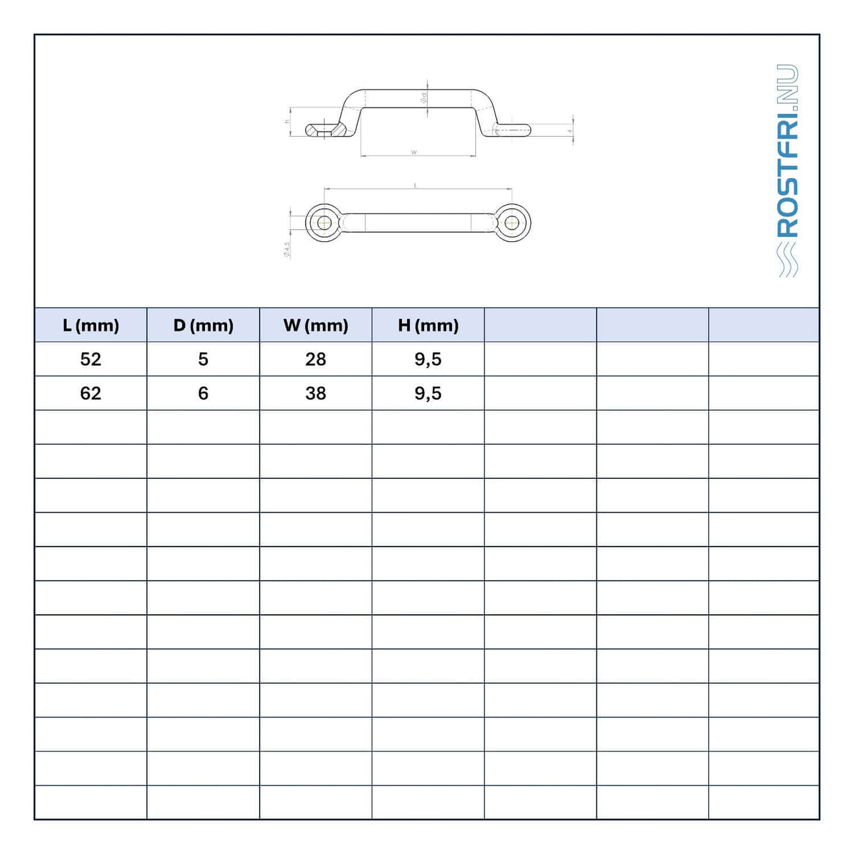 Bild på en tabell med mått på smidd rak bygel i rostfritt stål.
