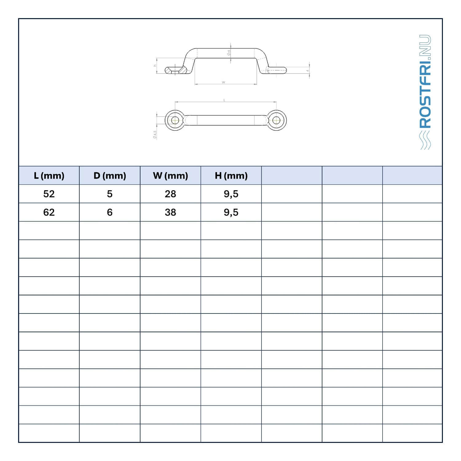 Bild på en tabell med mått på smidd rak bygel i rostfritt stål.