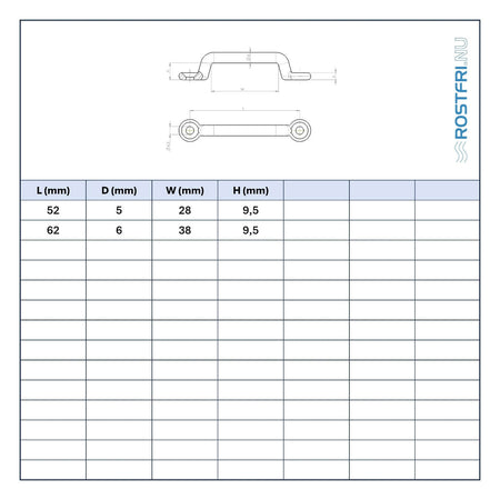 Bild på en tabell med mått på smidd rak bygel i rostfritt stål.