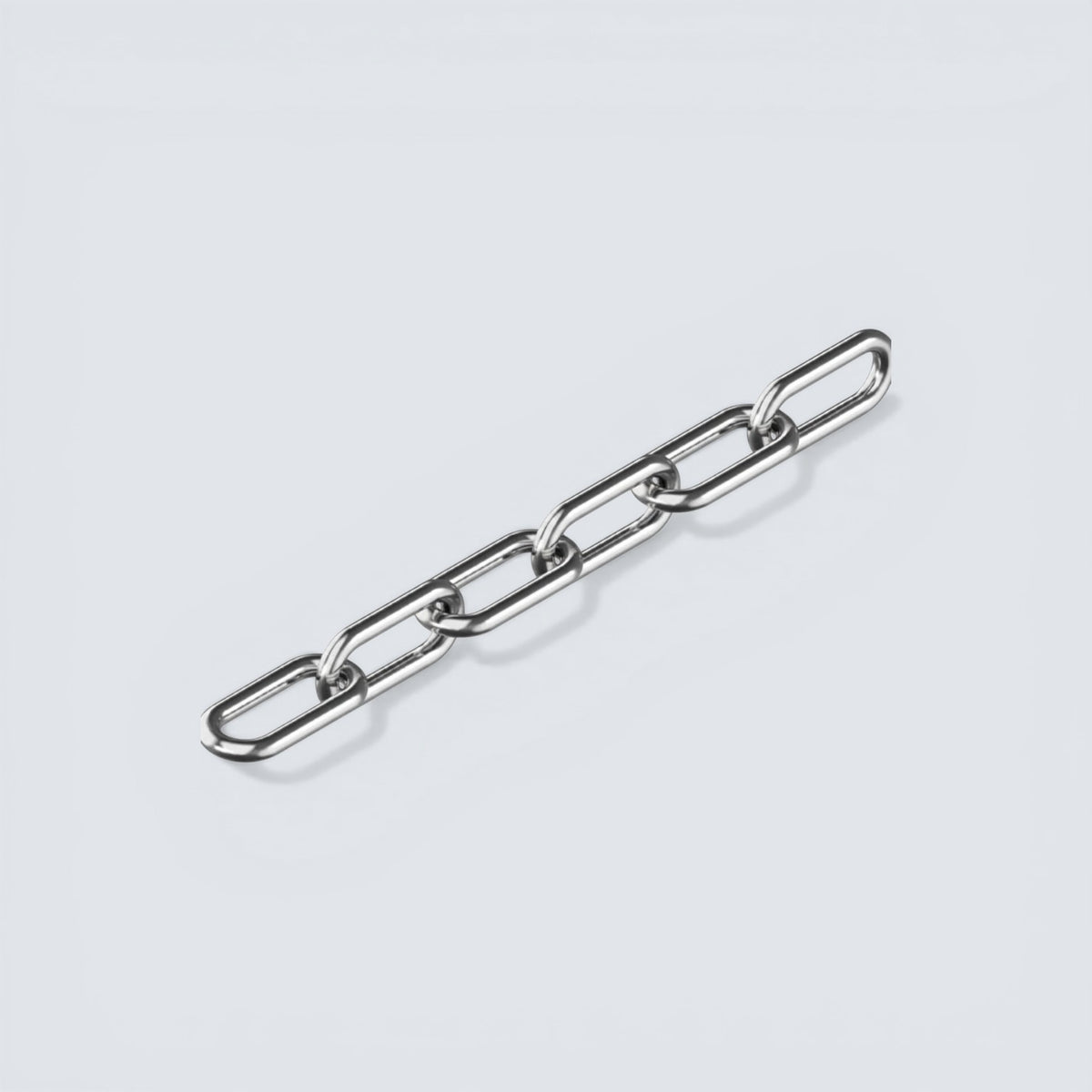 Bild på långlänkad kätting DIN 763 i rostfritt stål mot en grå bakgrund.