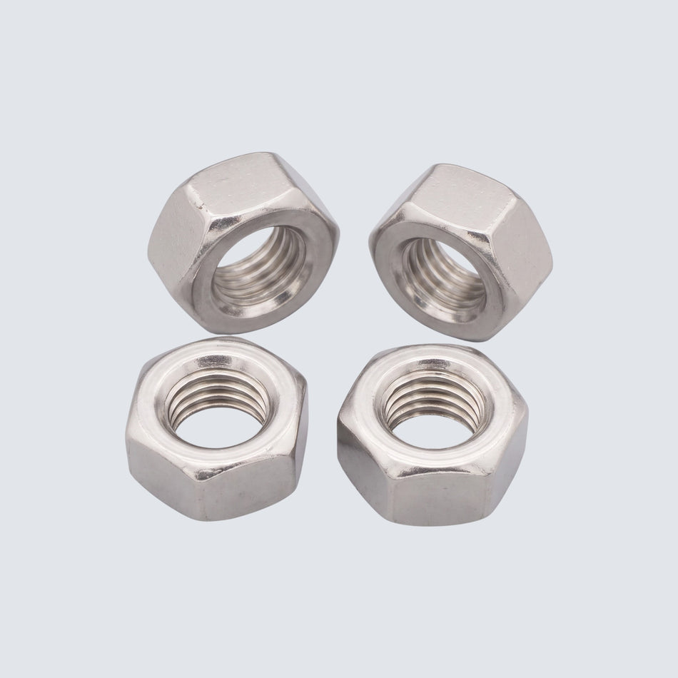 Rostfri.nu A2 stainless steel DIN 934 hex nuts with a metallic finish, suitable for indoor and outdoor construction.