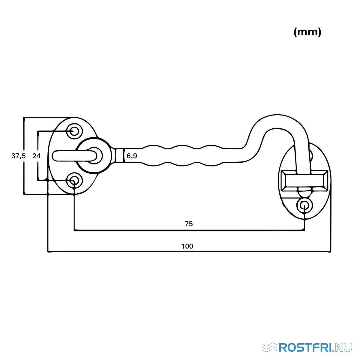 Teknisk ritning av hyttkrok från Rostfri.nu i syrafast A4-stål med mått och dimensioner i millimeter för montering på dörrar, luckor och fönster.