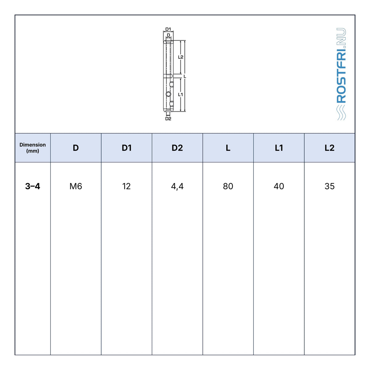 Rostfri.nu A4 stainless steel DIY wire terminal technical drawing with M6 internal thread for 3-4 mm wire.