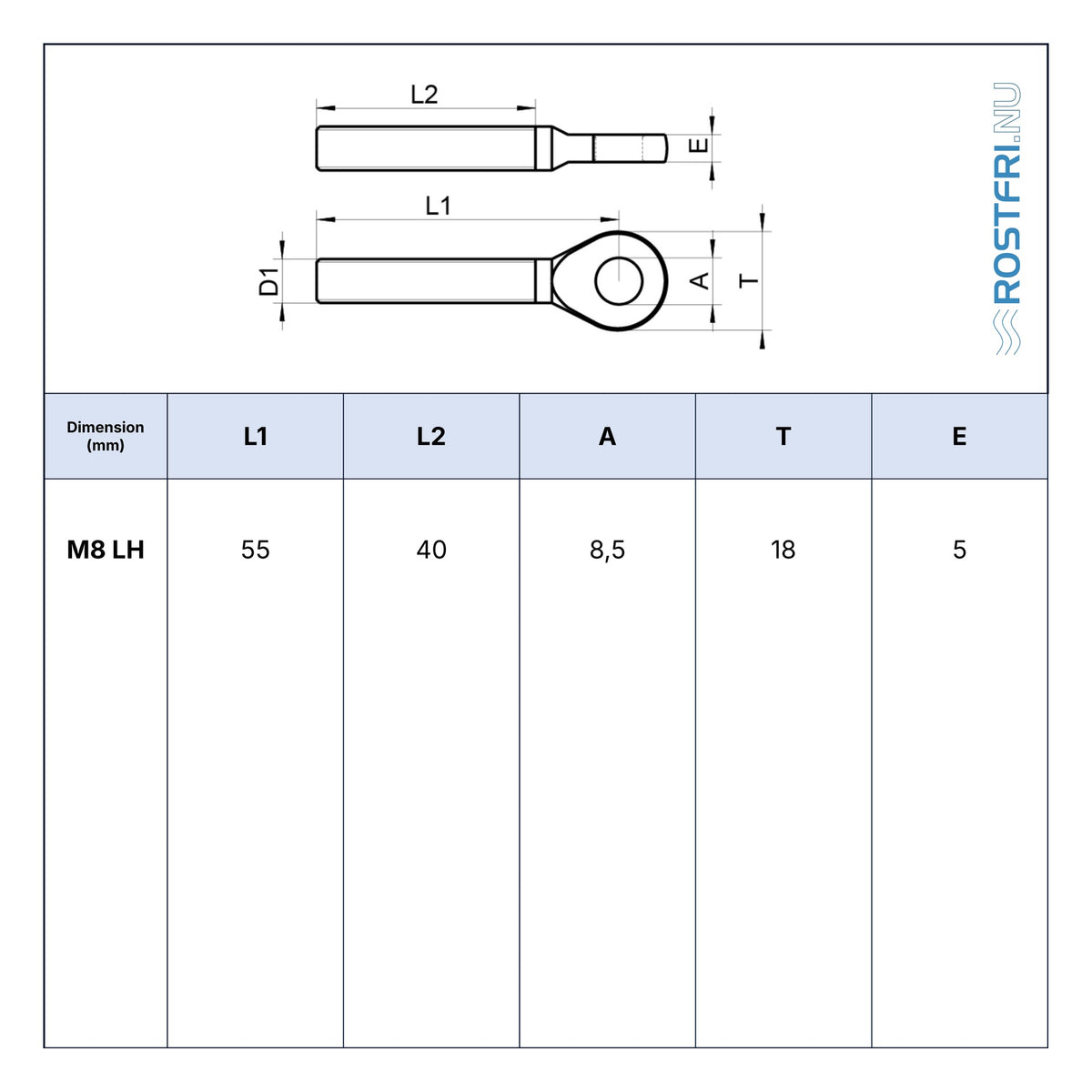 Rostfri.nu A4 stainless steel eye terminal with M8 left-hand external thread, technical drawing with dimensions.