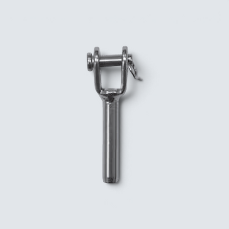 Rostfri.nu A4 stainless steel fork terminal with internal right-hand thread, bolt, and safety pin for marine rigging.