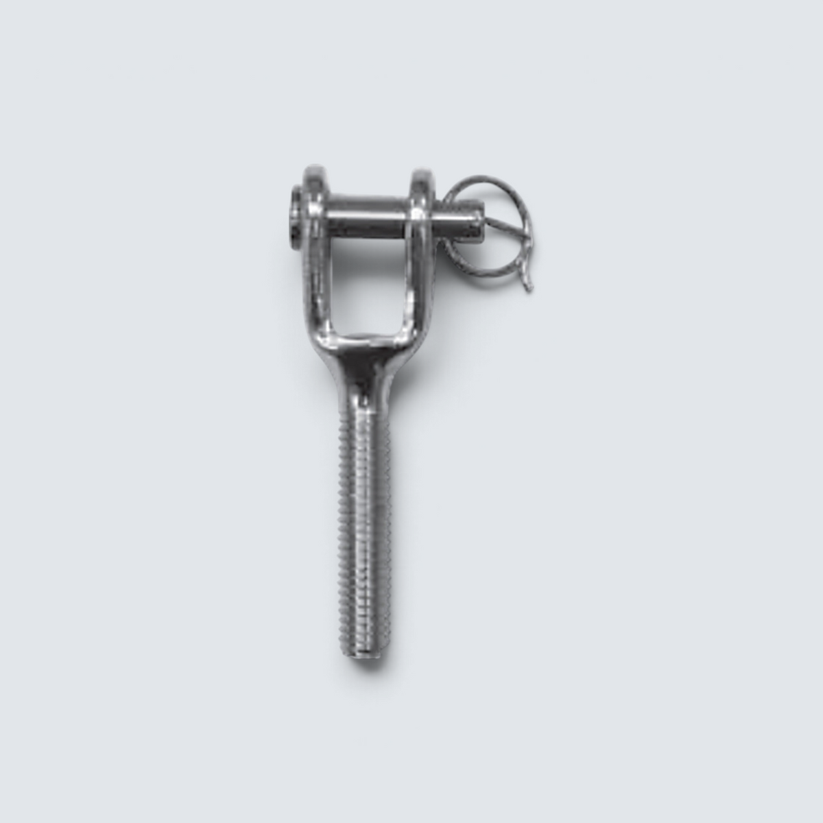 Rostfri.nu stainless steel A4 jaw terminal with external right-hand thread, bolt, and safety pin for marine use.