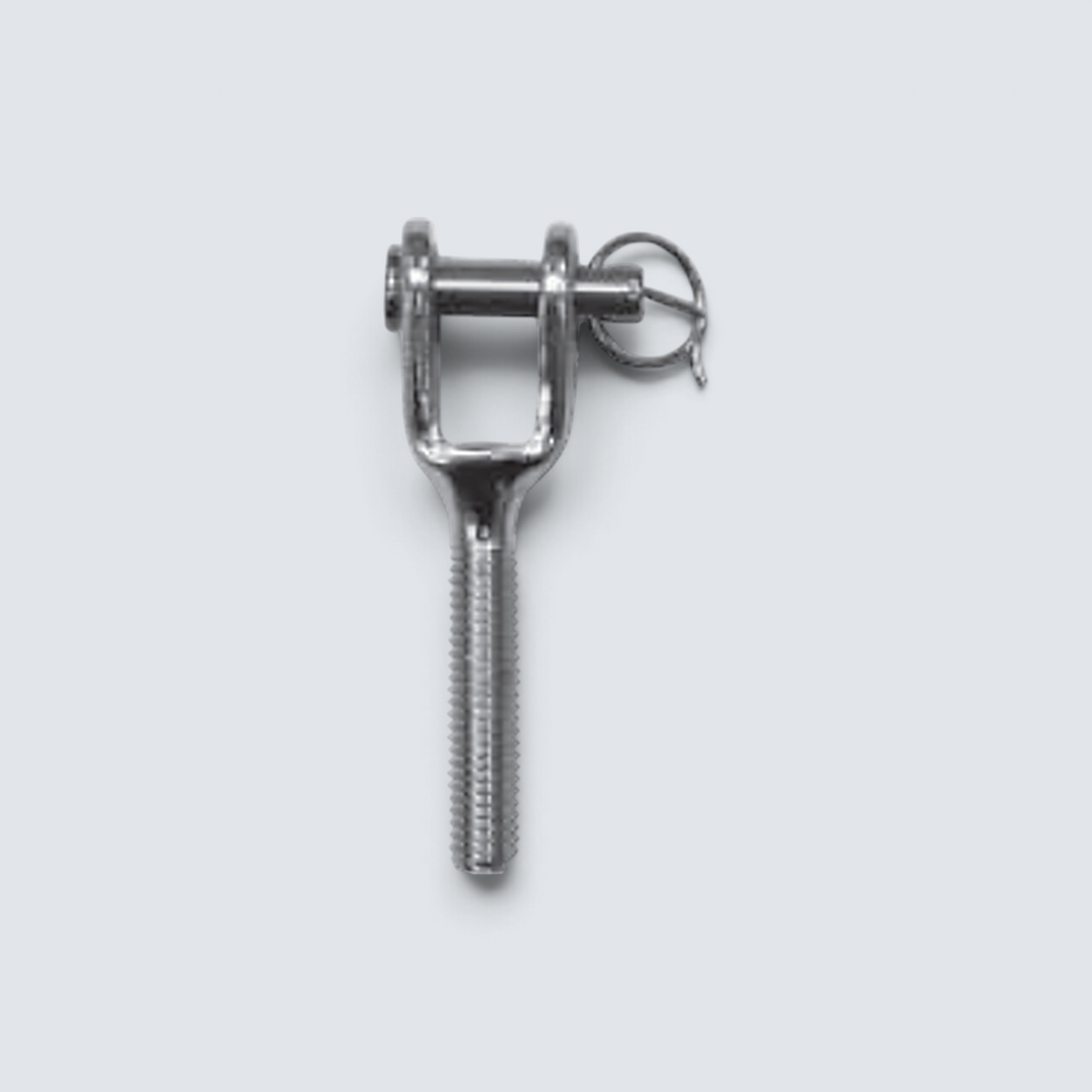 Rostfri.nu stainless steel A4 fork terminal with external left-hand thread, bolt, and safety pin for marine use.