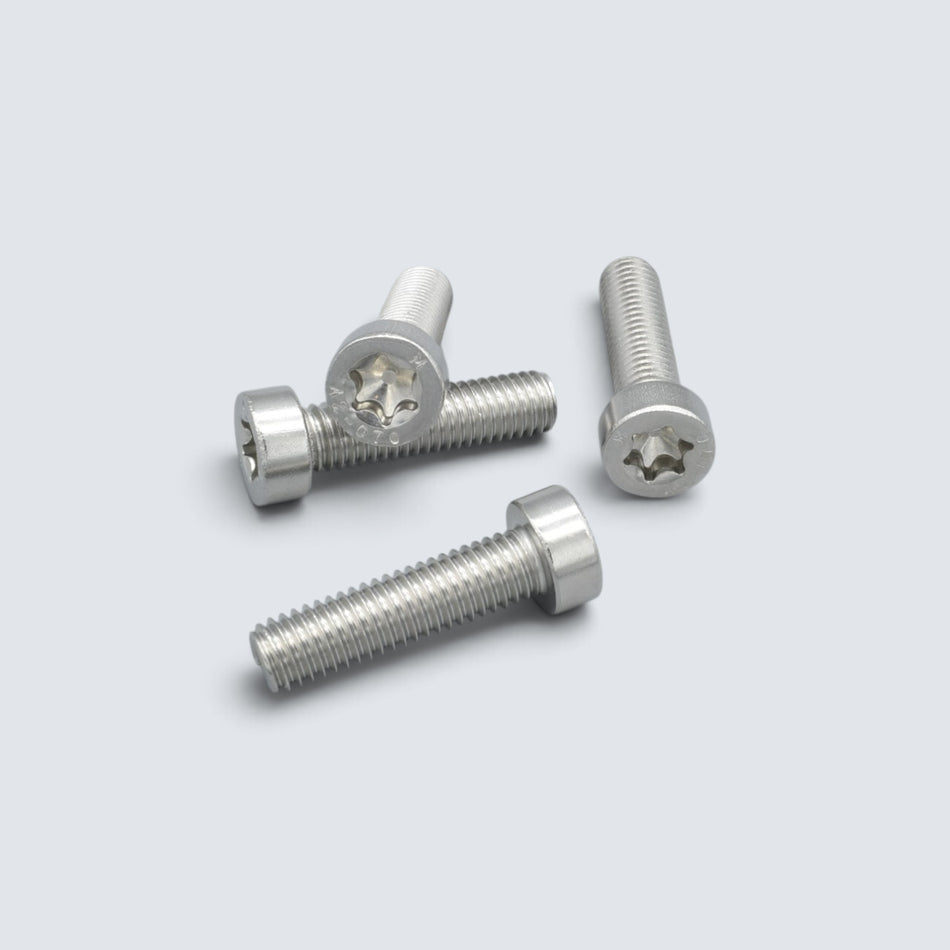 Lågskalliga cylinderskruvar ISO 14580 i rostfritt A2-stål med Torx-spår för montage där låg bygghöjd och säker infästning krävs.