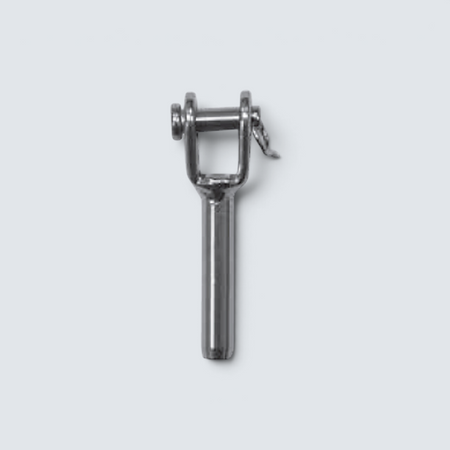 Rostfri.nu stainless steel A4 fork terminal with internal left-hand thread, bolt, and locking pin for marine rigging.