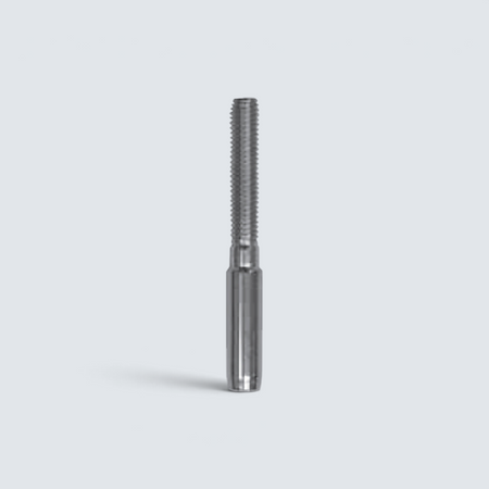 Rostfri.nu A4 stainless steel swage stud terminal with long external left-hand thread for marine wire rope rigging.
