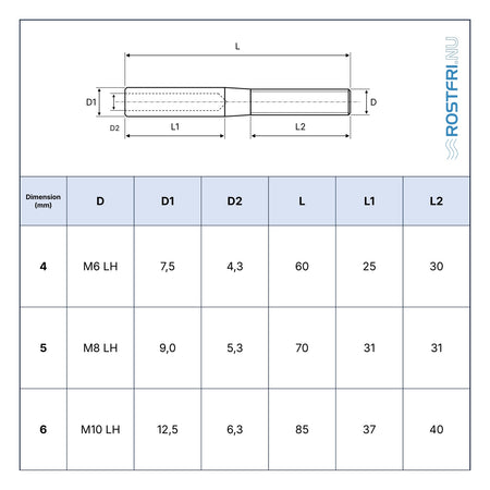 Rostfri.nu technical drawing of A4 stainless steel swage stud terminal with left-hand thread for wire rope rigging.