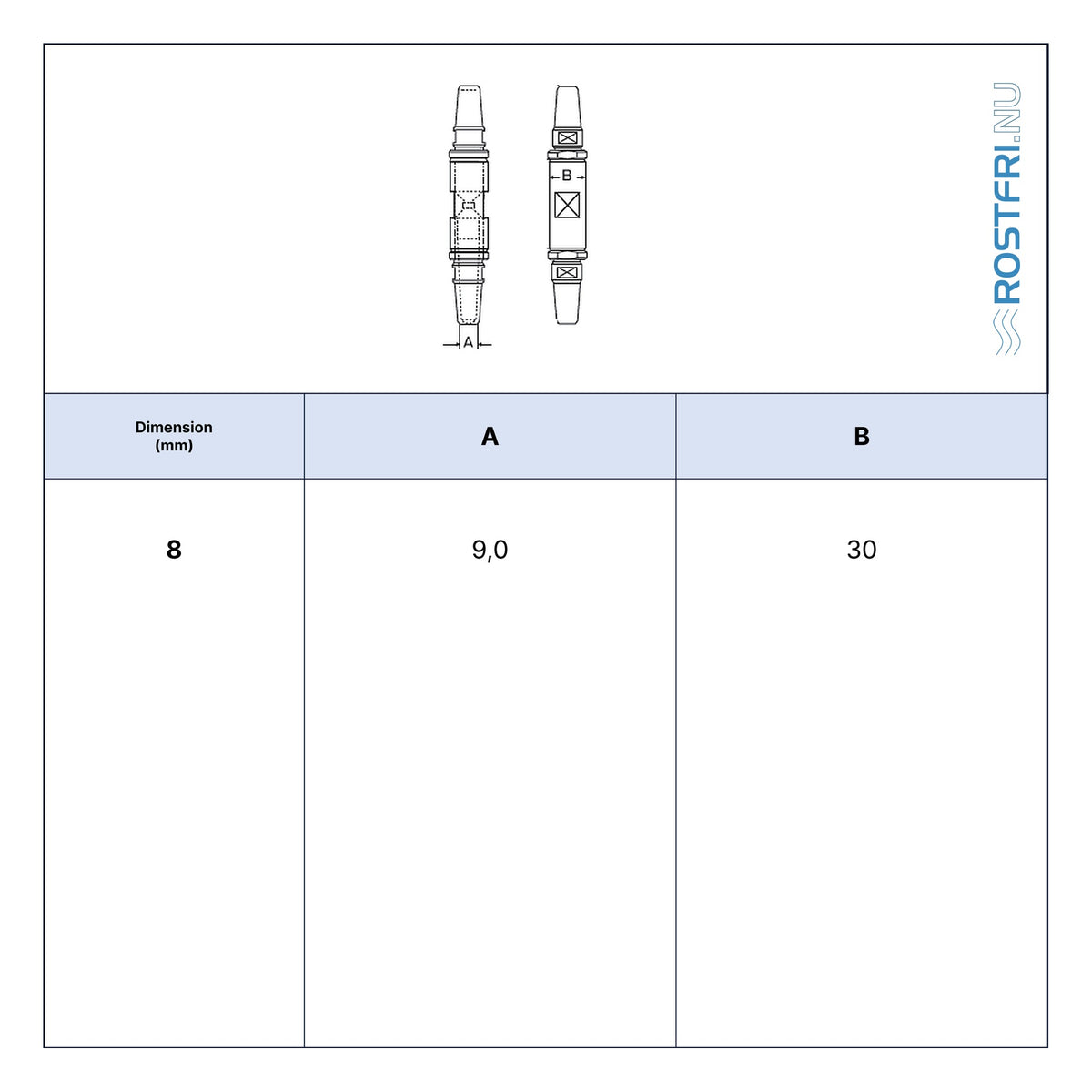 Rostfri.nu A4 stainless steel DIY wire rope connector for 8mm 1x19 wire, featuring a technical dimension diagram.