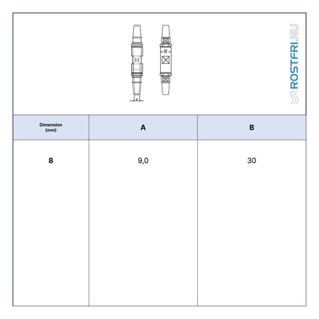 Rostfri.nu A4 stainless steel DIY wire rope connector for 8mm 1x19 wire, featuring a technical dimension diagram.