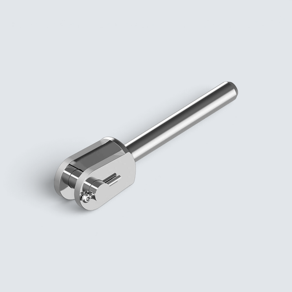 Rostfri.nu welded fork terminal in A4 stainless steel with a removable bolt for wire rope rigging.