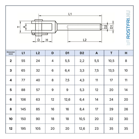 Rostfri.nu welded fork terminal technical drawing showing dimensions for A4 stainless steel wire rope fittings.