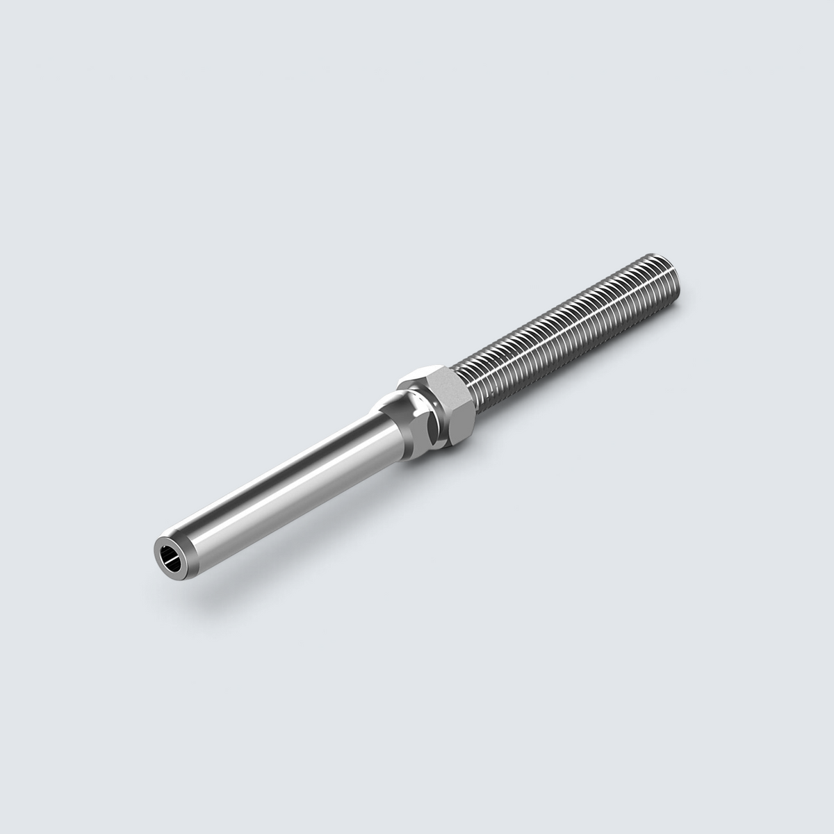 Rostfri.nu A4 stainless steel swage stud terminal with left-hand thread and nut for wire rope rigging.