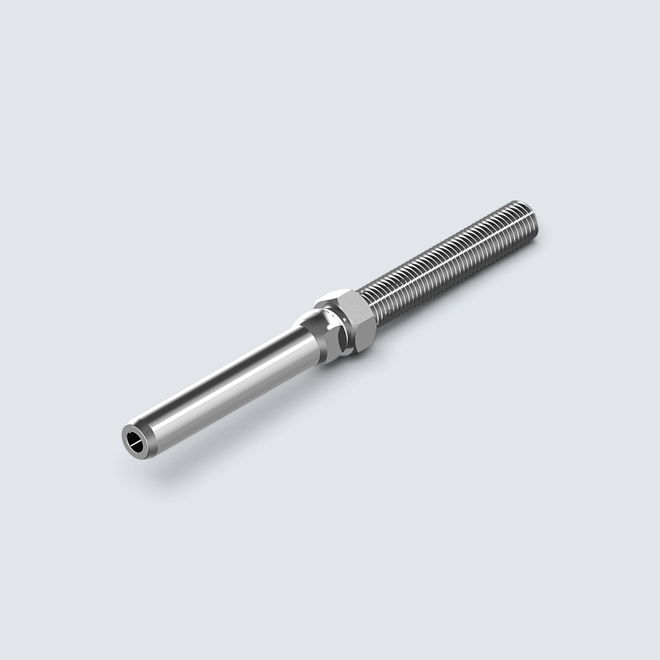 Rostfri.nu A4 stainless steel swage stud terminal with left-hand thread and nut for wire rope rigging.