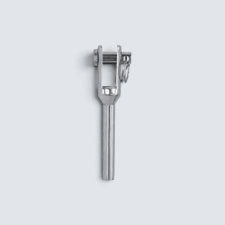 Rostfri.nu A4 stainless steel turned fork terminal for wire rope with removable bolt, professional marine grade.