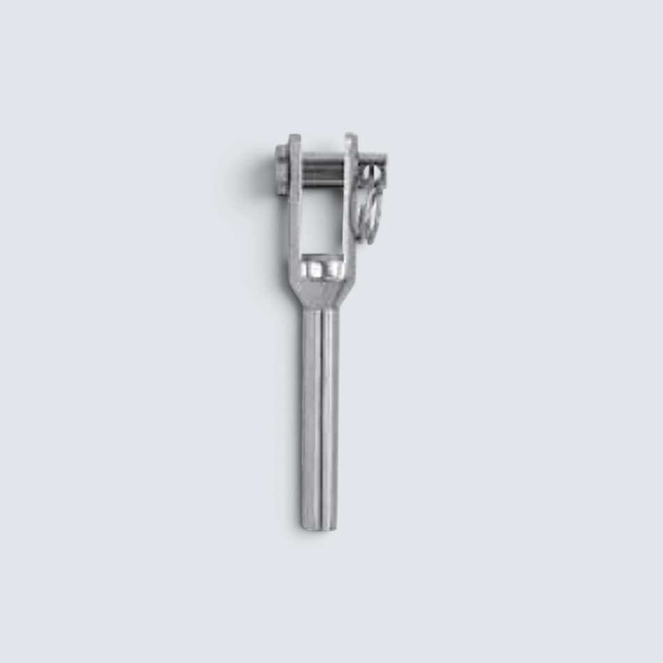 Rostfri.nu A4 stainless steel turned fork terminal for wire rope with removable bolt, professional marine grade.