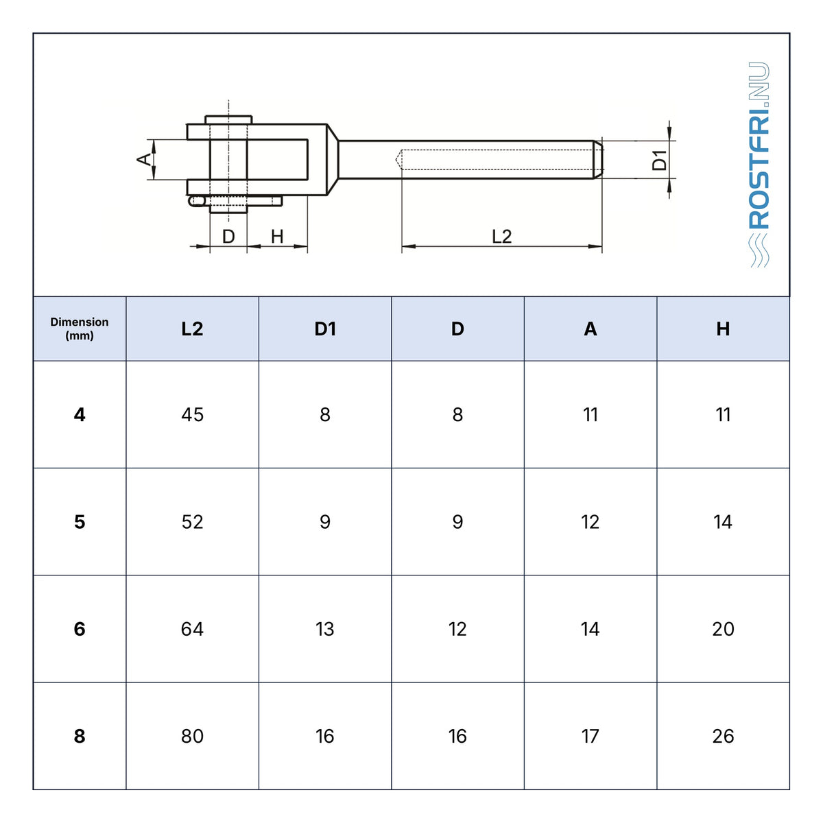 Rostfri.nu A4 stainless steel turned fork terminal technical drawing with dimensions for 4-8mm wire rope installation.