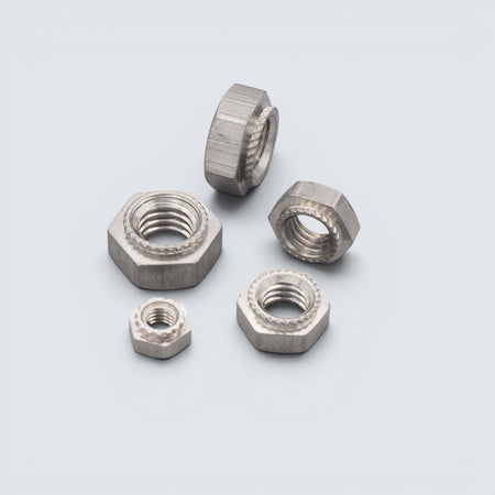 Rostfri.nu A2 stainless steel press nuts with hexagonal heads and serrated collars for sheet metal.