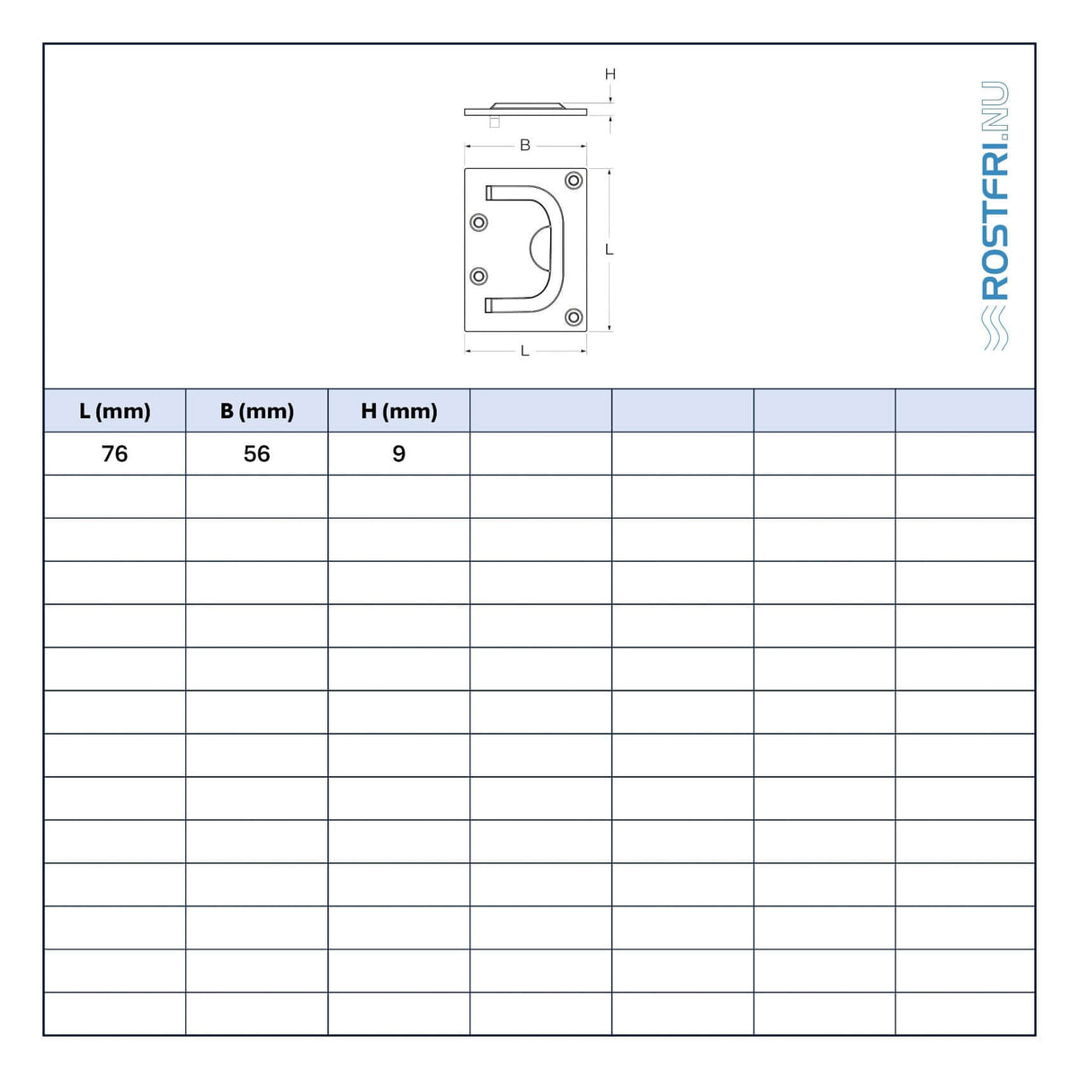 Tebll med mått på lyftögla i rostfritt stål.