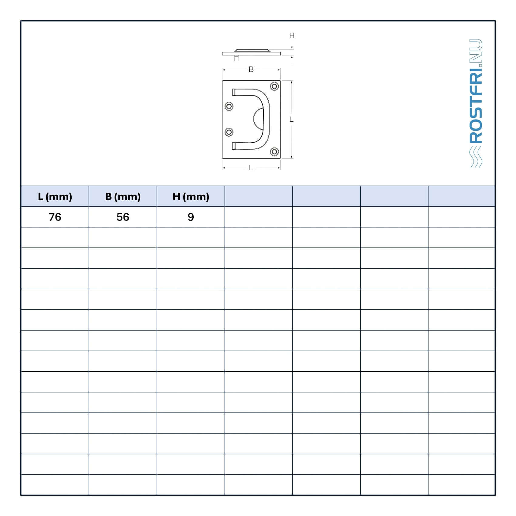 Tebll med mått på lyftögla i rostfritt stål.