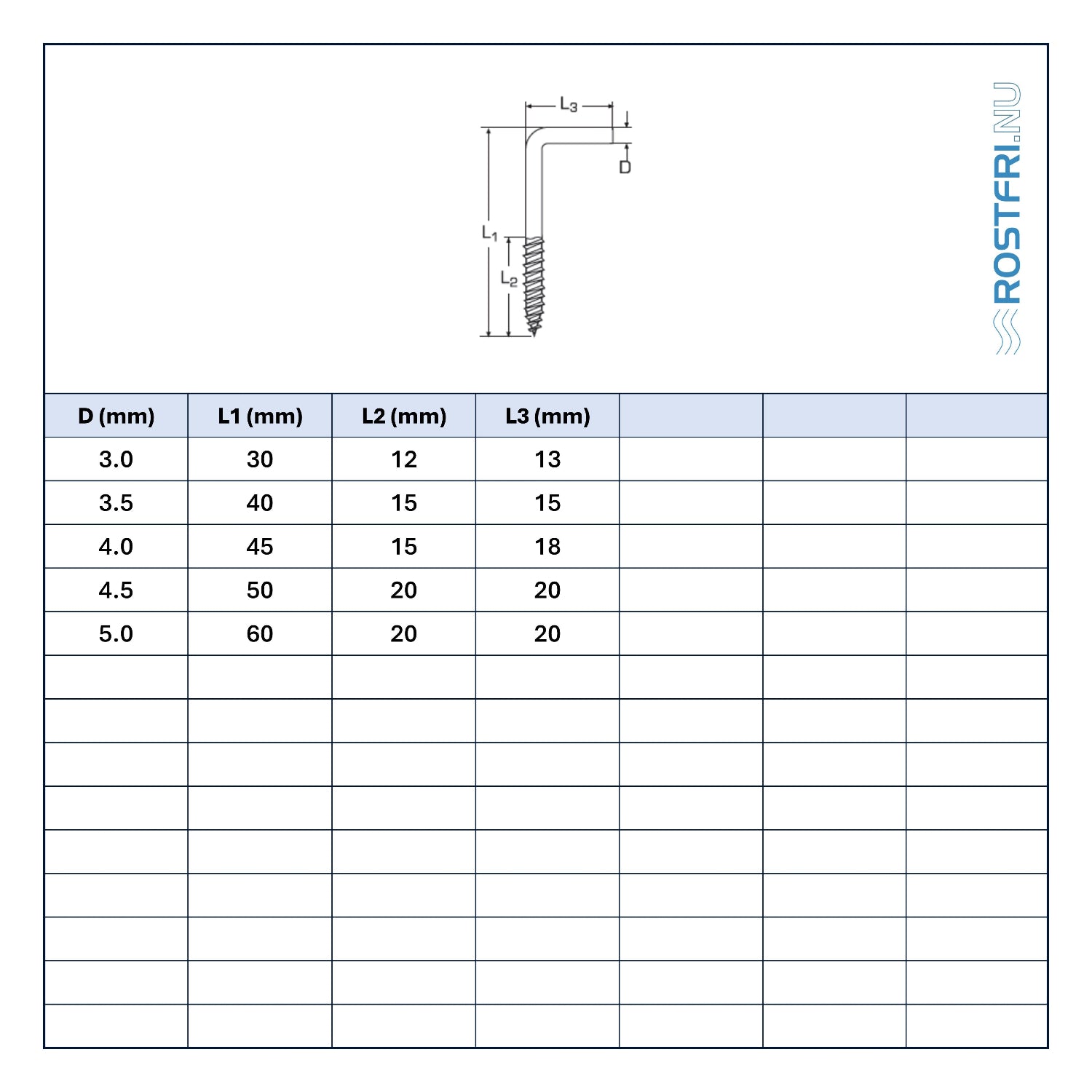 Bild på tabell med mått på vinkelkrok med träskruv i rostfritt stål.