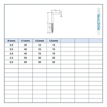 Bild på tabell med mått på vinkelkrok med träskruv i rostfritt stål.
