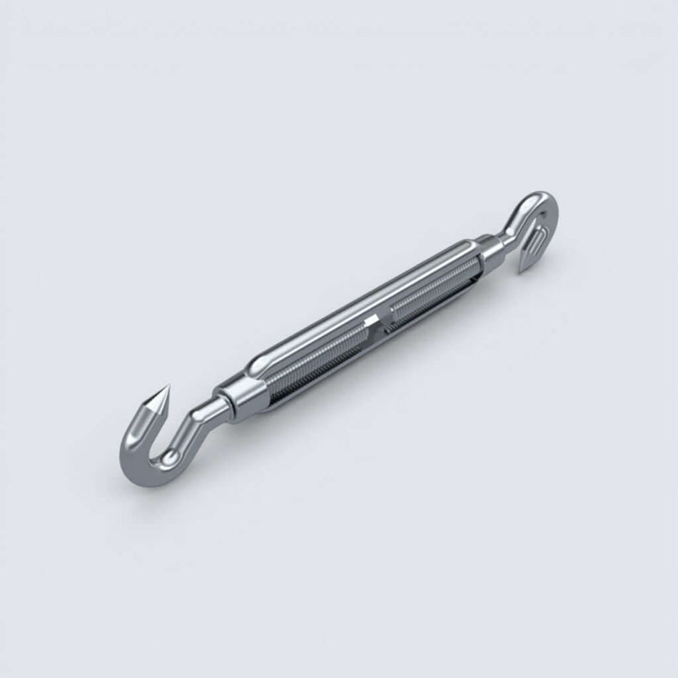 Bild på en vatskruv krok/krok i rostfritt stål mot en grå bakgrund.